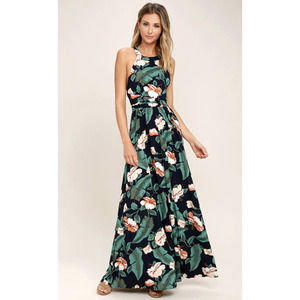 LULUS TEMPTATION ISLAND NAVY BLUE FLORAL PRINT MAXI DRESS SIZE XS